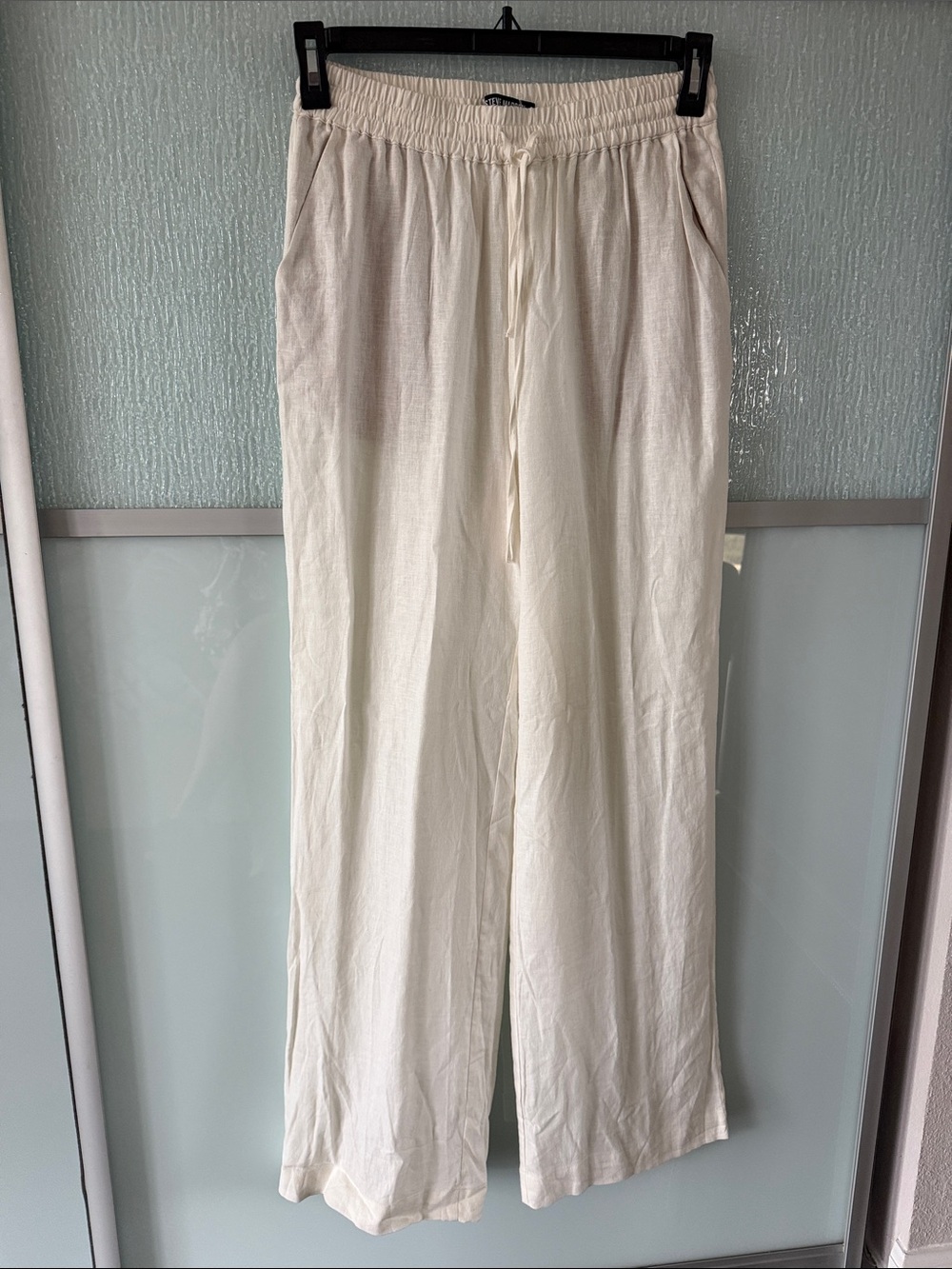 Steve Madden Off-White Drawstring Linen-Blend Wide Leg Pants